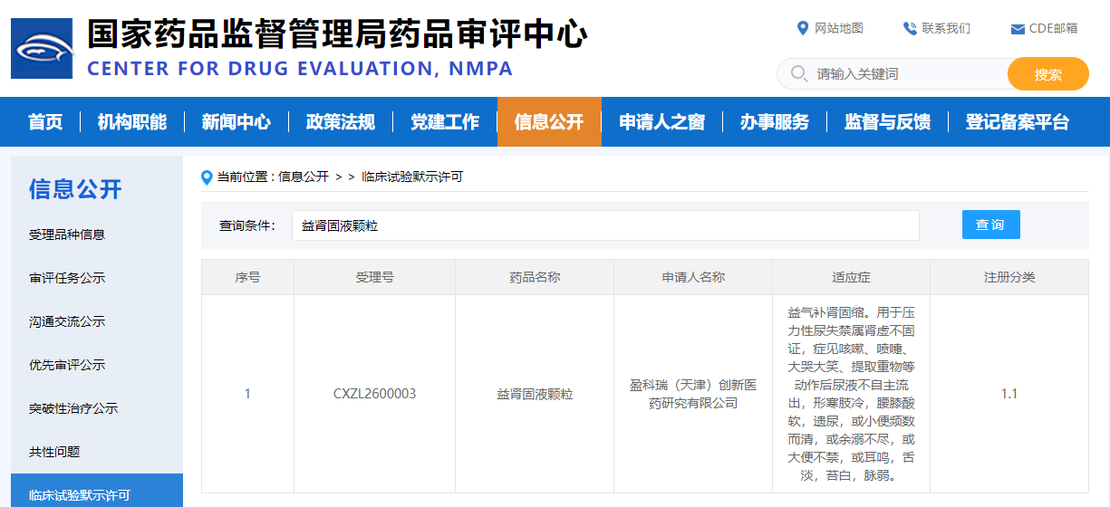 中洪博元助力盈科瑞1.1类中药创新药&ldquo;益肾固液颗粒&rdquo;获批临床，有望填补压力性尿失禁市场空白