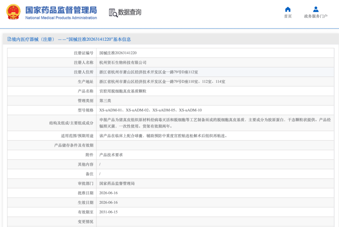 中洪博元助力杭州贤石生物国内首款宫腔用脱细胞真皮基质颗粒获批上市!